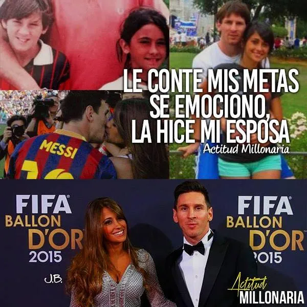 Hay cuatro fotos de Lionel Messi, un futbolista argentino. En la primera foto, es un niño y está jugando al fútbol con su hermano. En la segunda foto, está besando a su esposa, Antonella Roccuzzo. En la tercera foto, está sosteniendo un trofeo con su esposa. En la cuarta foto, está jugando al fútbol con su hijo.